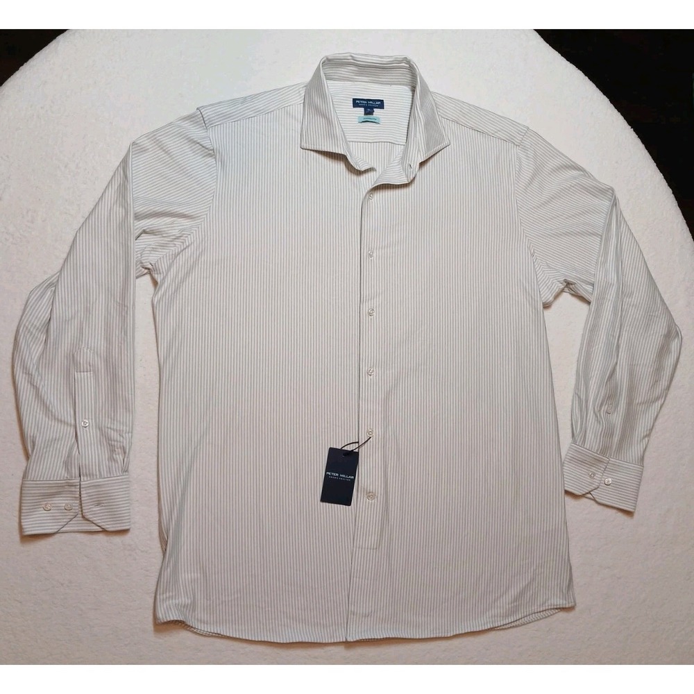 PETER MILLAR Crown Crafted Excursionist Flex Striped Shirt Men XL NWT Grey White